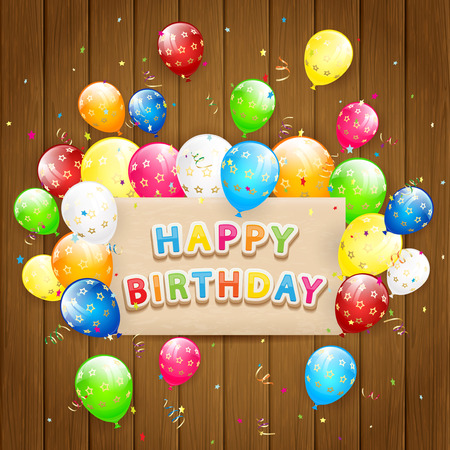 Birthday background, the inscription Happy Birthday with flying colorful balloons, multicolored pennants and confetti on wooden background, Happy Birthday theme, illustration.のイラスト素材