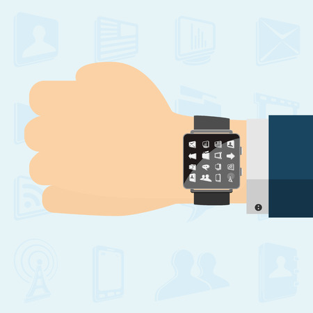 Smart watch with icons on hand, illustration.のイラスト素材