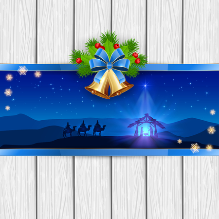 Christmas scene the birth of Jesus with Christmas star, three wise men, golden bells, red bow, holly berries, stars and snowflakes on white wooden background, illustration.のイラスト素材
