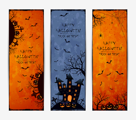 Set of three Halloween banners with pumpkins, spiders and dark castle on cemetery, abstract grunge background, illustration.のイラスト素材