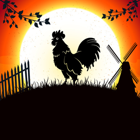 Rooster on the background of the morning sun, illustration.のイラスト素材