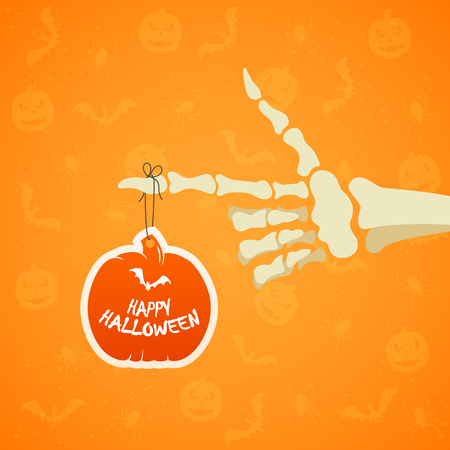 Halloween theme, skeleton hand and holiday card in the form of pumpkin on orange background with Jack o Lanterns, bats and spiders, illustration.のイラスト素材