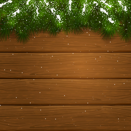 Christmas theme, decorative spruce branches and snow on a wooden background, illustration.のイラスト素材