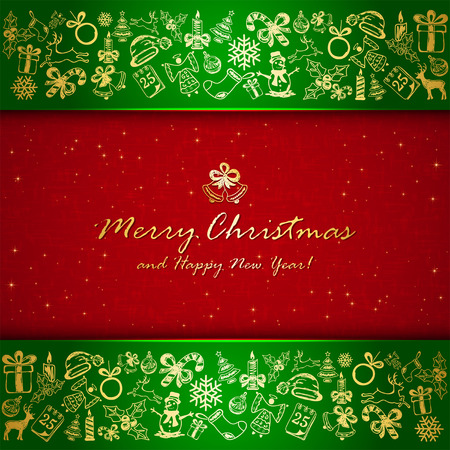 Golden Christmas elements on green and red background, holiday decorations, illustration.のイラスト素材