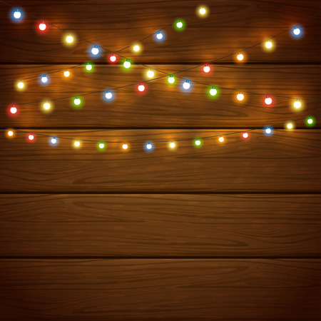 Colorful Christmas light on wooden background, holiday decorations, illustration.のイラスト素材