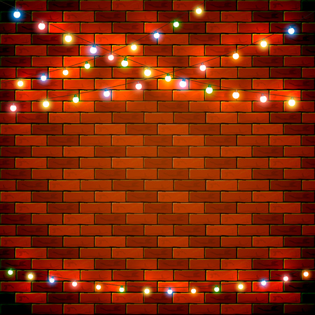Colorful Christmas light on brick wall background, holiday decorations, illustration.のイラスト素材