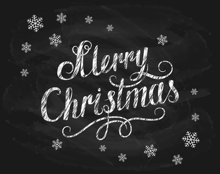 Lettering Merry Christmas written in white chalk with snowflakes on a black chalkboard, holiday lettering, illustration.のイラスト素材
