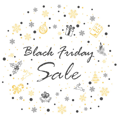 Inscription Black Friday Sale on a white background, holiday lettering with black and golden decorations, illustration.のイラスト素材