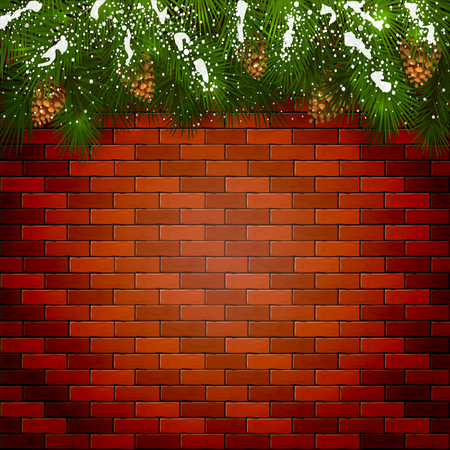 Winter decorations with pinecone and snow, Christmas decorative spruce branches and pine cones on a brick wall background, illustration.のイラスト素材