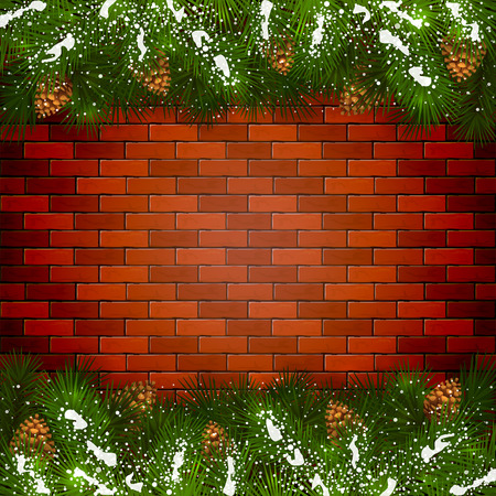 Decorative spruce branches with pine cones and snow on a brick wall background, Christmas theme with pinecone and winter decorations, illustration.のイラスト素材