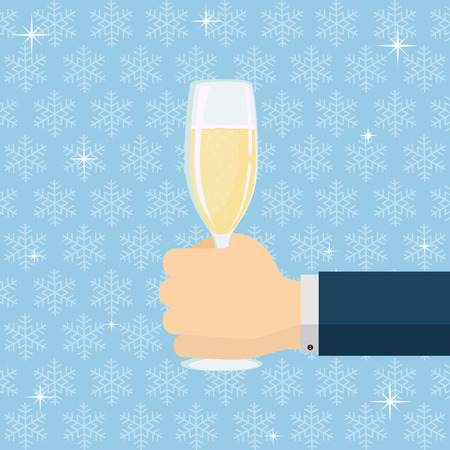 New Years background with champagne glass in hand and snowflakes, illustration.のイラスト素材