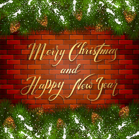 Holiday lettering Merry Christmas and Happy New Year on a brick wall background with winter decorations, decorative spruce branches with pine cones and snow, illustration.のイラスト素材