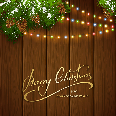 Holiday lettering Merry Christmas and Happy New Year on brown wooden background with winter decorations, decorative spruce branches with pine cones and Christmas light, illustration.のイラスト素材