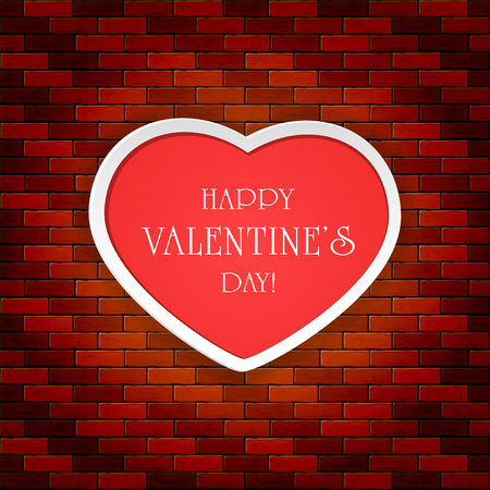 Red paper heart with lettering Happy Valentines Day on brick wall background, illustration.のイラスト素材