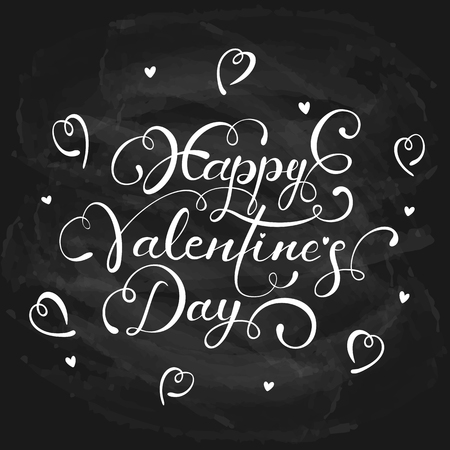 Lettering Happy Valentines Day written in white chalk on a black chalkboard, holiday greetings with hearts and decorative elements, illustration.のイラスト素材