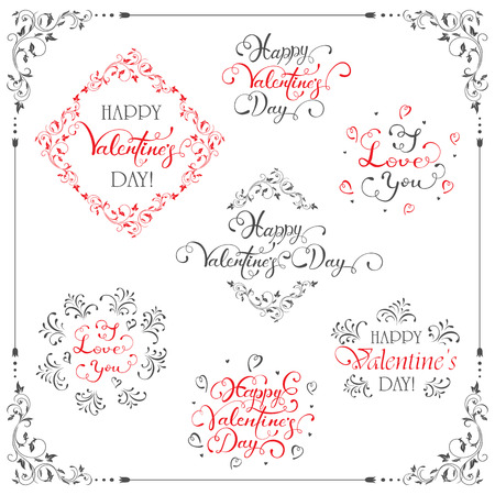 Set of letterings Happy Valentines Day and I Love You with ornate elements on white background, holiday greetings, illustration.のイラスト素材
