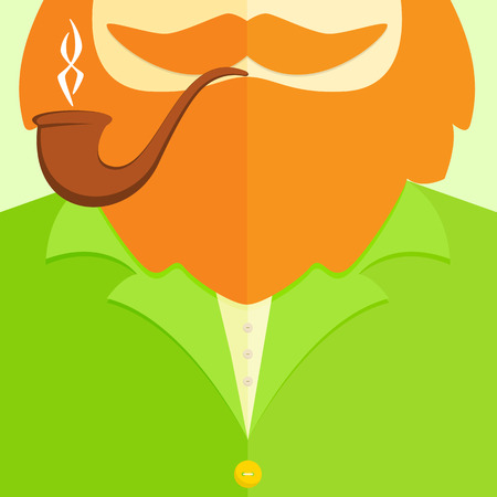 Background of green leprechaun costume with buttons, smoking pipe, red beard and mustache, illustration.のイラスト素材