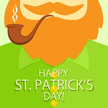 Background of green leprechaun costume with buttons, smoking pipe, red beard and mustache, holiday lettering Happy St. Patricks Day, illustration.のイラスト素材