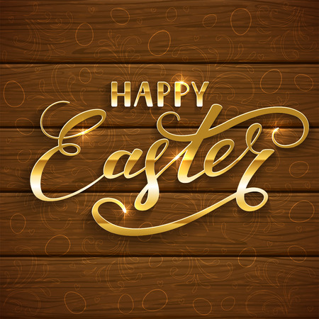 Golden lettering Happy Easter with decorative elements and eggs on brown wooden background, holiday greetings, illustration.のイラスト素材