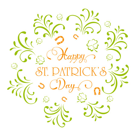 Patricks Day banner on white background with ornate elements, horseshoe and clovers, illustration.のイラスト素材