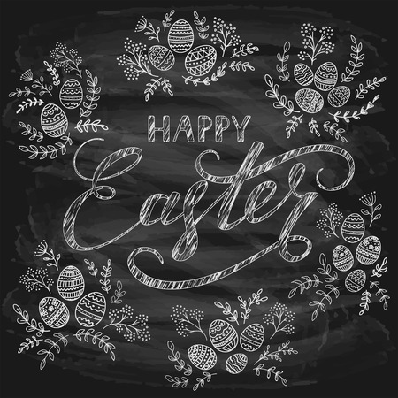 Lettering Happy Easter writing in white chalk with floral pattern and decorative eggs on black chalkboard background, illustration.のイラスト素材