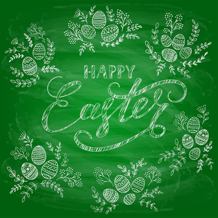 Lettering Happy Easter writing in white chalk with floral pattern and decorative eggs on green chalkboard background, illustration.のイラスト素材