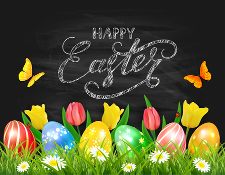easter eggs in grass on black chalkboard with tulips, butterflies and ladybugs, lettering happy easter, illustration.のイラスト素材