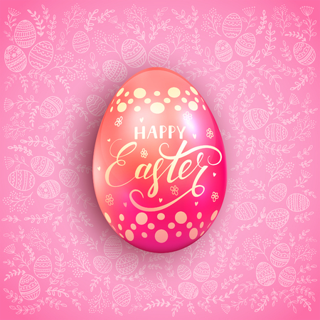Pink decorative Easter egg with holiday lettering Happy Easter on a background of floral patterns, illustration.のイラスト素材