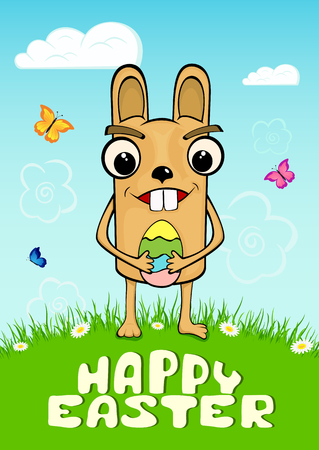 Easter rabbit on grass with colorful egg and flying butterflies. Funny bunny on holiday background, illustration.のイラスト素材