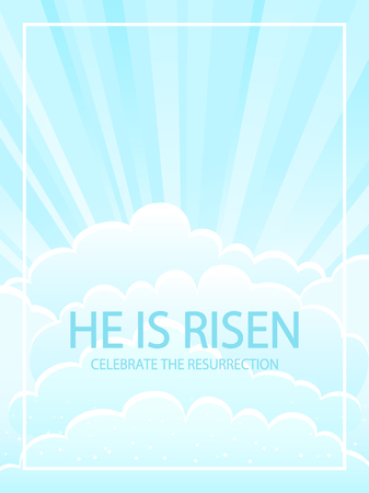 Easter theme, blue sky background with clouds, sun rays and lettering He is risen, illustration.のイラスト素材