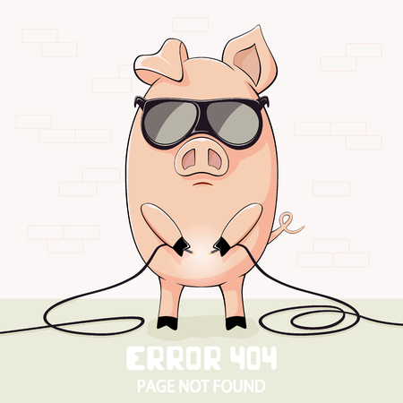 Little pink pig in sunglasses holds the broken wires and lettering Error 404, page not found, illustration.のイラスト素材