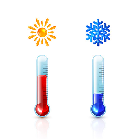 Set of thermometers with red and blue indicator isolated on white background, summer Sun and winter Snowflake, illustration.のイラスト素材
