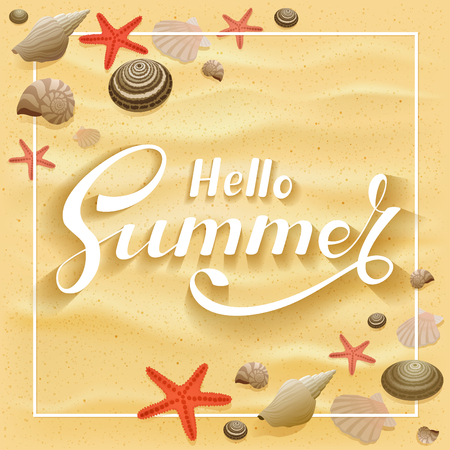 Lettering Hello Summer with starfish and seashells on the sandy beach, illustration.のイラスト素材