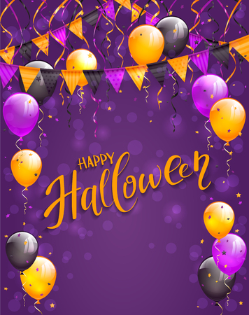 Text Happy Halloween on violet background with multicolored balloons, pennants, streamers and confetti, illustration.のイラスト素材