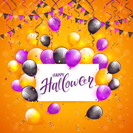 Card with lettering Happy Halloween on orange background with multicolored balloons, pennants, streamers and confetti, illustration.のイラスト素材