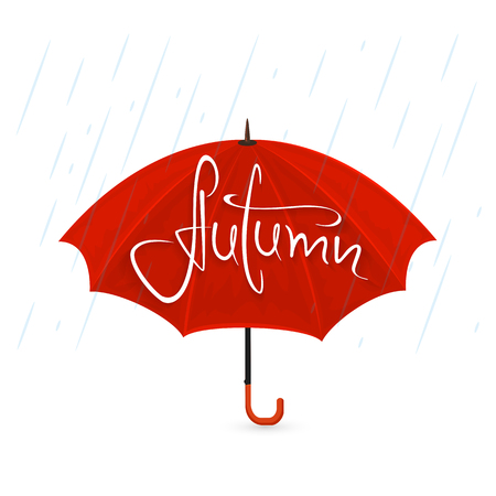Red umbrella with lettering Autumn and rain on white background, illustration.のイラスト素材