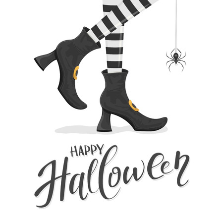Text Happy Halloween with witches legs in black shoes and spider on white background, illustration.のイラスト素材