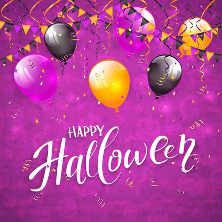 halloween on purple background with holiday images, colorful balloons, pennants, streamers and confetti illustration.のイラスト素材