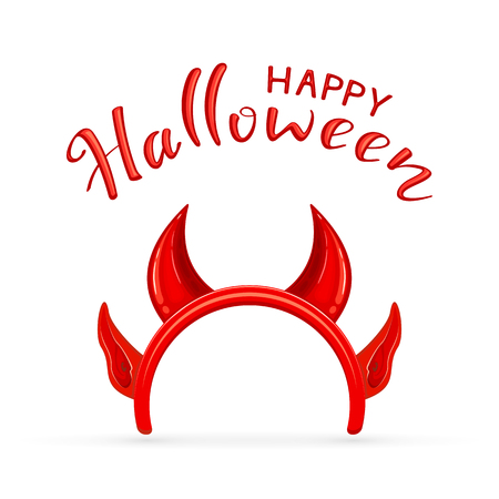 Lettering Happy Halloween and red mask with horns and ears of the demon isolated on white background, illustration.のイラスト素材