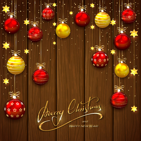 Wooden background with Christmas balls and golden stars. Holiday lettering Merry Christmas and Happy New Year, illustration.のイラスト素材