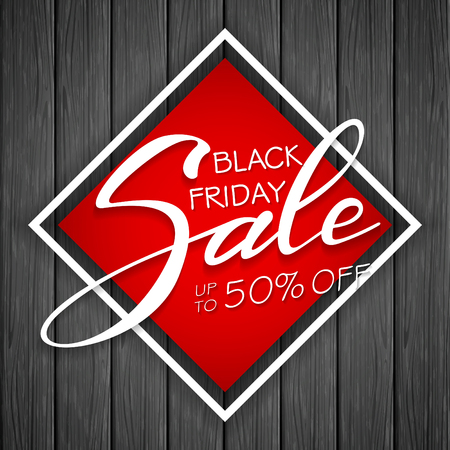Black Friday Sale. White lettering Sale on red banner with black wooden background, illustration.のイラスト素材