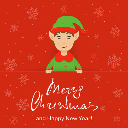Happy elf behind a red banner with snowflakes and lettering Merry Christmas and Happy New Year, illustration.のイラスト素材