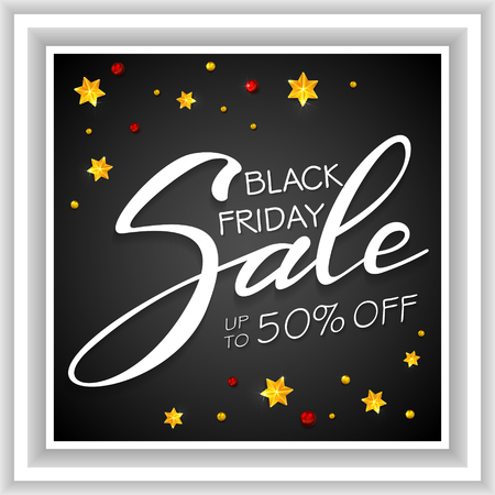 White lettering Black Friday Sale on black background with golden stars and beads, illustration.のイラスト素材