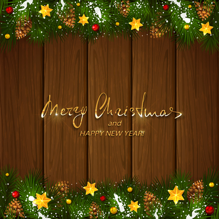 Decorative spruce branches with snow, pine cones, gold Christmas stars and beads. Golden text Merry Christmas and Happy New Year with holiday decorations on brown wooden background, illustration.のイラスト素材