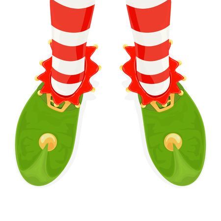 Legs of Christmas elf in green shoes with golden bells isolated on white background. Holiday costume for Christmas and New Year party, illustration.のイラスト素材