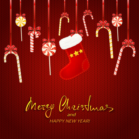 Christmas sock and candy canes on a red knitted background. Lettering Merry Christmas and Happy New Year, illustration.のイラスト素材