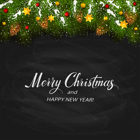 Decorative spruce branches with snow, pine cones, golden Christmas stars and colorful beads. Text Merry Christmas and Happy New Year with holiday decorations on black chalkboard background, illustration.のイラスト素材
