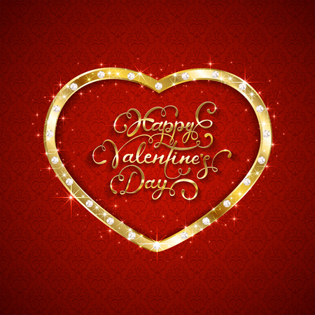 Gold heart with diamonds and lettering happy Valentines Day on red background with seamless floral elements illustration.のイラスト素材