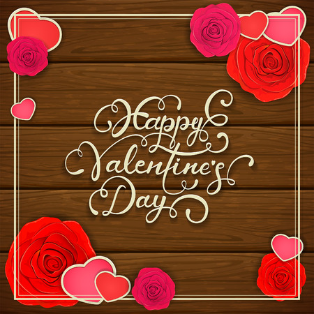 Lettering Happy Valentines Day with hearts and roses on brown wooden background, illustration.のイラスト素材