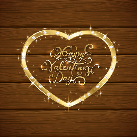 Gold heart with diamonds and lettering Happy Valentines Day on brown wooden background, illustration.のイラスト素材